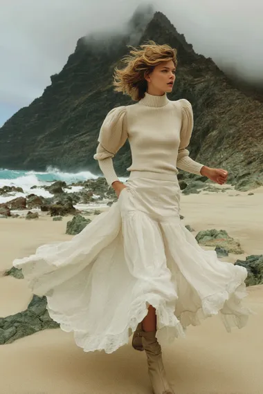 A cinematic fashion photo of a woman in a cream puff-sleeve knit sweater and flowing white lace-trimmed skirt, running along a windy beach with rocks and mist, seen from a low angle, her skirt and hair flowing in motion, dramatic cliffs and waves in the background, soft natural lighting, campaign style of Chlo and Loro Piana       ikeub9j
