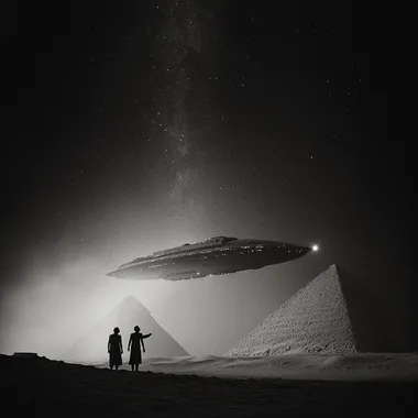 Vintage black and white photo of a spaceship landing on the pyramids while two old Egyptians stand on the sand and point towards the spaceship, night sky, starry night, galaxy is obvious in the sky, old film photography black and white in the style og ilford ortho 80  957bbmh