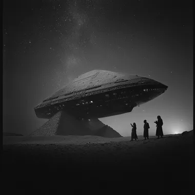 Vintage black and white photo of a spaceship landing on the pyramids while two old Egyptians stand on the sand and point towards the spaceship, night sky, starry night, galaxy is obvious in the sky, old film photography black and white in the style og ilford ortho 80  957bbmh