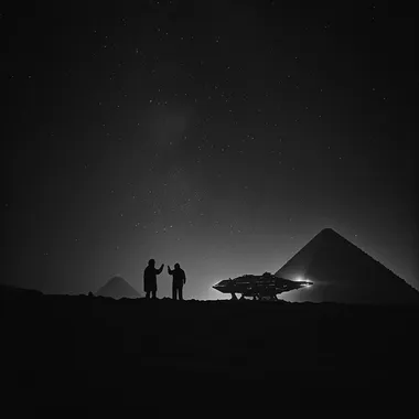 Vintage black and white photo of a spaceship landing on the pyramids while two old Egyptians stand on the sand and point towards the spaceship, night sky, starry night, galaxy is obvious in the sky, old film photography black and white in the style og ilford ortho 80  957bbmh