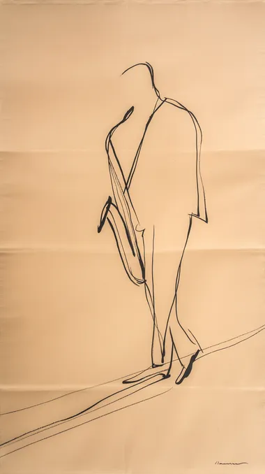 Minimalist single-line drawing: street musician playing saxophone on a Paris sidewalk, full body, silhouette shaded with coffee tones, clean neutral background.   --raw rofile 1z8ia47