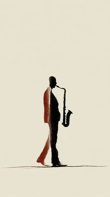 Minimalist single-line drawing: street musician playing saxophone on a Paris sidewalk, full body, silhouette shaded with coffee tones, clean neutral background.   --raw rofile 1z8ia47