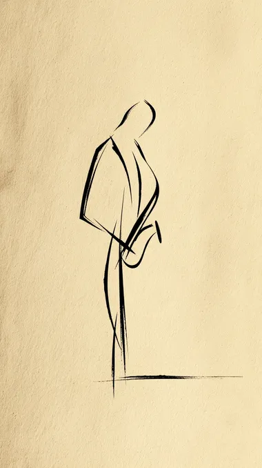Minimalist single-line drawing: street musician playing saxophone on a Paris sidewalk, full body, silhouette shaded with coffee tones, clean neutral background.   --raw rofile 1z8ia47