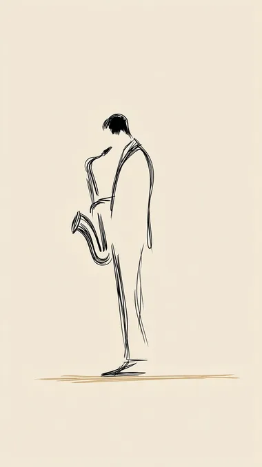 Minimalist single-line drawing: street musician playing saxophone on a Paris sidewalk, full body, silhouette shaded with coffee tones, clean neutral background.   --raw rofile 1z8ia47