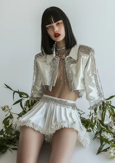 A beautiful model wearing a white skirt with a shirt and cropped jacket designed in the style of Alexander McQueen. The top has long sleeves with silver trim. She has shoulder length black straight hair with bangs and is wearing red lipstick, sitting on an all-white background. There is some greenery around her legs, and she is wearing a large chain necklace. This is a fashion photography editorial look for Vogue magazine