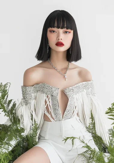 A beautiful model wearing a white skirt with a shirt and cropped jacket designed in the style of Alexander McQueen. The top has long sleeves with silver trim. She has shoulder length black straight hair with bangs and is wearing red lipstick, sitting on an all-white background. There is some greenery around her legs, and she is wearing a large chain necklace. This is a fashion photography editorial look for Vogue magazine
