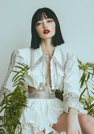 A beautiful model wearing a white skirt with a shirt and cropped jacket designed in the style of Alexander McQueen. The top has long sleeves with silver trim. She has shoulder length black straight hair with bangs and is wearing red lipstick, sitting on an all-white background. There is some greenery around her legs, and she is wearing a large chain necklace. This is a fashion photography editorial look for Vogue magazine