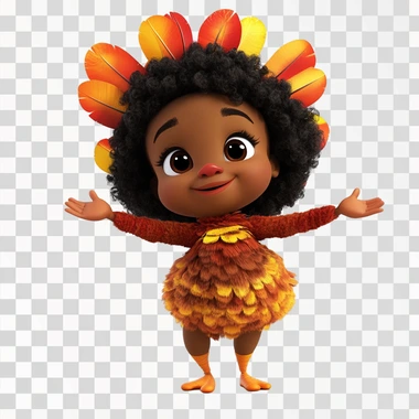 animated pixar style 2-year old African-American female wearing turkey costume while dancing, fun, white background.