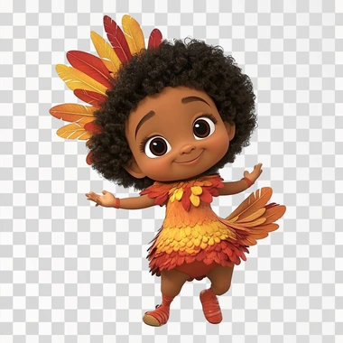 animated pixar style 2-year old African-American female wearing turkey costume while dancing, fun, white background.