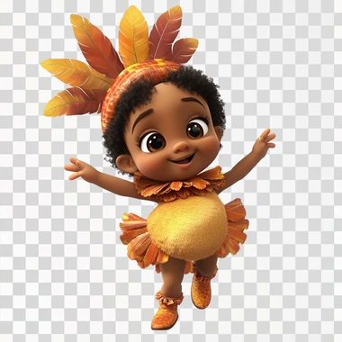 animated pixar style 2-year old African-American female wearing turkey costume while dancing, fun, white background.