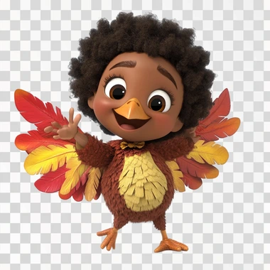 animated pixar style 2-year old African-American female wearing turkey costume while dancing, fun, white background.