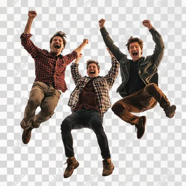 3 guys jumping for joy, very excited, happy, enthusiastic, smiling, very realistic, real people, real life, white background, high quality, 4k