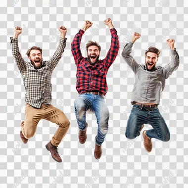 3 guys jumping for joy, very excited, happy, enthusiastic, smiling, very realistic, real people, real life, white background, high quality, 4k