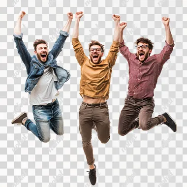 3 guys jumping for joy, very excited, happy, enthusiastic, smiling, very realistic, real people, real life, white background, high quality, 4k
