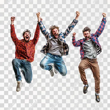 3 guys jumping for joy, very excited, happy, enthusiastic, smiling, very realistic, real people, real life, white background, high quality, 4k