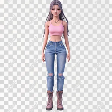 full body, standing, front facing female zepeto 3d avatar character, resembles kpop jisoo, wearing pink tank top and jeans and boots