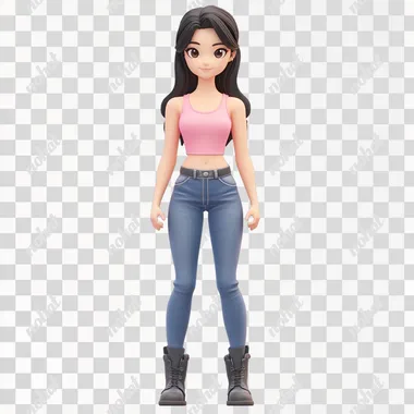 full body, standing, front facing female zepeto 3d avatar character, resembles kpop jisoo, wearing pink tank top and jeans and boots