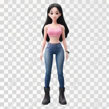 full body, standing, front facing female zepeto 3d avatar character, resembles kpop jisoo, wearing pink tank top and jeans and boots