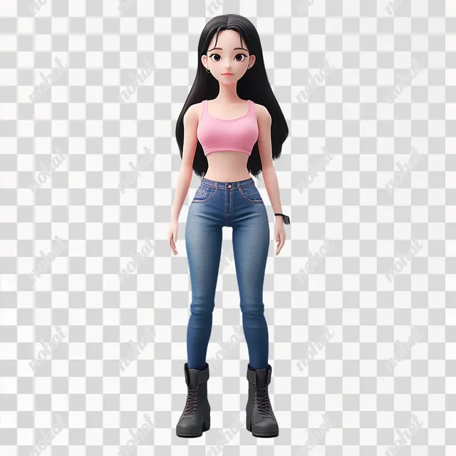 PNG Girl with long black hair in jeans and pink top, K-pop Jisoo style