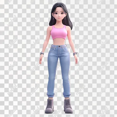 full body, standing, front facing female zepeto 3d avatar character, resembles kpop jisoo, wearing pink tank top and jeans and boots