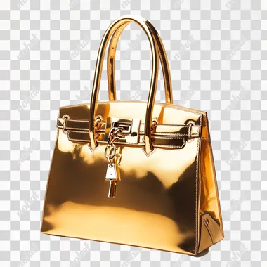 sleek, luxurious Birkin bag in a radiant gold. The leather is smooth and glossy, catching the light with every angle. The hardware--locks, keys, and buckles--shines brightly, matching the opulent gold tone. The handles are structured and elegant, and the bag's silhouette is both classic and sophisticated. It exudes a sense of timeless elegance and high fashion. --s 250