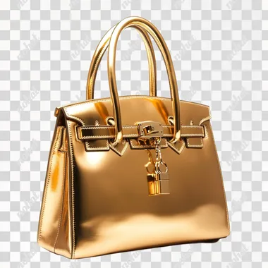 sleek, luxurious Birkin bag in a radiant gold. The leather is smooth and glossy, catching the light with every angle. The hardware--locks, keys, and buckles--shines brightly, matching the opulent gold tone. The handles are structured and elegant, and the bag's silhouette is both classic and sophisticated. It exudes a sense of timeless elegance and high fashion. --s 250