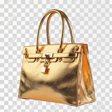 sleek, luxurious Birkin bag in a radiant gold. The leather is smooth and glossy, catching the light with every angle. The hardware--locks, keys, and buckles--shines brightly, matching the opulent gold tone. The handles are structured and elegant, and the bag's silhouette is both classic and sophisticated. It exudes a sense of timeless elegance and high fashion. --s 250
