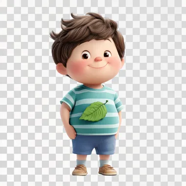 A cartoon boy dressed in a blue-green striped short sleeve with a knitted leaf on his clothes, short hair, fat , 6 years old, sunny and cheerful
