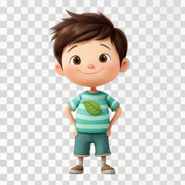 A cartoon boy dressed in a blue-green striped short sleeve with a knitted leaf on his clothes, short hair, fat , 6 years old, sunny and cheerful