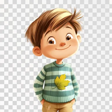 A cartoon boy dressed in a blue-green striped short sleeve with a knitted leaf on his clothes, short hair, fat , 6 years old, sunny and cheerful