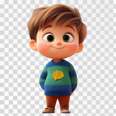 A cartoon boy dressed in a blue-green striped short sleeve with a knitted leaf on his clothes, short hair, fat , 6 years old, sunny and cheerful