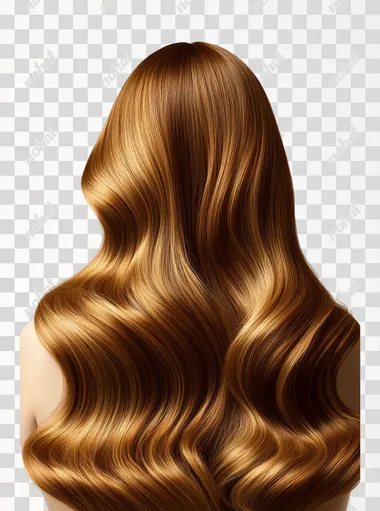 A beautiful woman with long, brown hair, viewed from the back against a white background. Her hair is styled in large, flowing waves and has a shiny, glossy appearance with a light honey-blonde color.