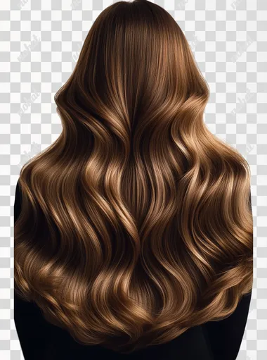 A beautiful woman with long, brown hair, viewed from the back against a white background. Her hair is styled in large, flowing waves and has a shiny, glossy appearance with a light honey-blonde color.