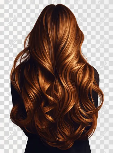 A beautiful woman with long, brown hair, viewed from the back against a white background. Her hair is styled in large, flowing waves and has a shiny, glossy appearance with a light honey-blonde color.