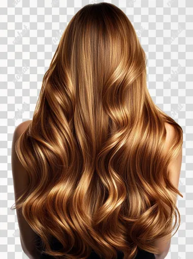 A beautiful woman with long, brown hair, viewed from the back against a white background. Her hair is styled in large, flowing waves and has a shiny, glossy appearance with a light honey-blonde color.