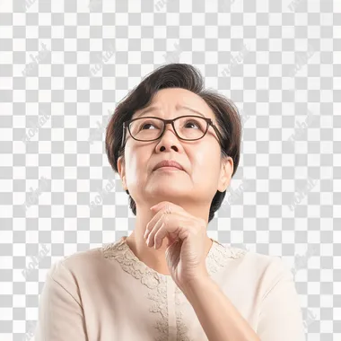an old hong kong woman in her 40s thinking, stochphoto vibe, PLAIN WHITE BACKGROUND --s 50