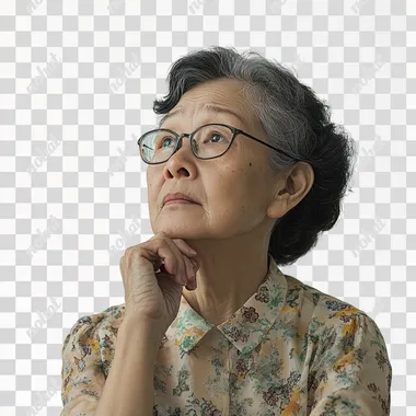 an old hong kong woman in her 40s thinking, stochphoto vibe, PLAIN WHITE BACKGROUND --s 50