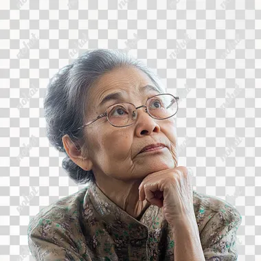 an old hong kong woman in her 40s thinking, stochphoto vibe, PLAIN WHITE BACKGROUND --s 50