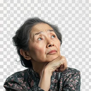 an old hong kong woman in her 40s thinking, stochphoto vibe, PLAIN WHITE BACKGROUND --s 50