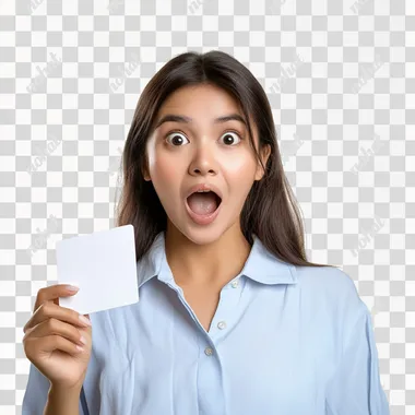 a realistic photo of filipino woman age 30-35, wearing light blue shirt, holding a card one hand, super exagerated happy, surprised and wow with eyes and mouth is big, side profile in white background