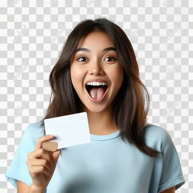 a realistic photo of filipino woman age 30-35, wearing light blue shirt, holding a card one hand, super exagerated happy, surprised and wow with eyes and mouth is big, side profile in white background
