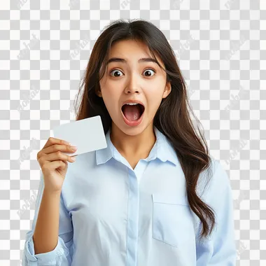 a realistic photo of filipino woman age 30-35, wearing light blue shirt, holding a card one hand, super exagerated happy, surprised and wow with eyes and mouth is big, side profile in white background