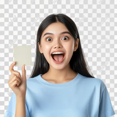 a realistic photo of filipino woman age 30-35, wearing light blue shirt, holding a card one hand, super exagerated happy, surprised and wow with eyes and mouth is big, side profile in white background