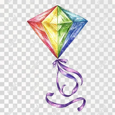 Rainbow-colored kite with a diamond shape and long ribbon, isolated white background.