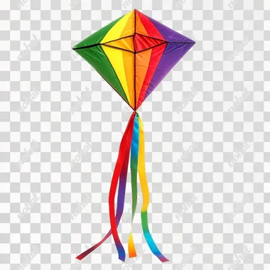 Rainbow-colored kite with a diamond shape and long ribbon, isolated white background.