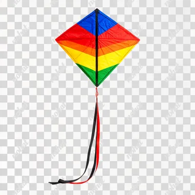 Rainbow-colored kite with a diamond shape and long ribbon, isolated white background.