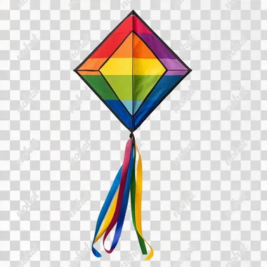 Rainbow-colored kite with a diamond shape and long ribbon, isolated white background.