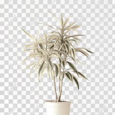 A realistic photograph of an entirely white potted Dracaena lutea, a large indoor plant with long leaves and multiple stalks that can grow to about three meters in height, isolated on a solid white background, shot using a Canon EOS camera with beautiful soft lighting and natural colors.