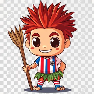 a cute cartoon Curupira character, chibi style, big expressive eyes, spiky bright red hair, with prominent backwards-facing feet, wearing a striped soccer uniform with red and blue vertical stripes and white details, leaf skirt under the uniform, small stature, friendly smiling expression, holding a wooden staff, indigenous features, white background, centered composition, kawaii style, simple clean art style