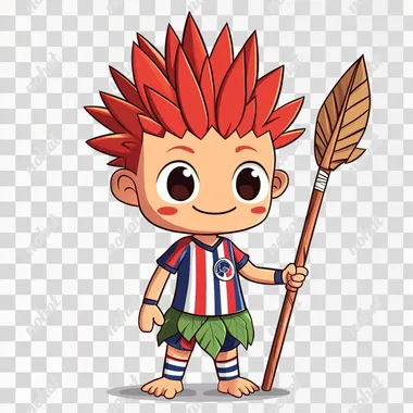 a cute cartoon Curupira character, chibi style, big expressive eyes, spiky bright red hair, with prominent backwards-facing feet, wearing a striped soccer uniform with red and blue vertical stripes and white details, leaf skirt under the uniform, small stature, friendly smiling expression, holding a wooden staff, indigenous features, white background, centered composition, kawaii style, simple clean art style